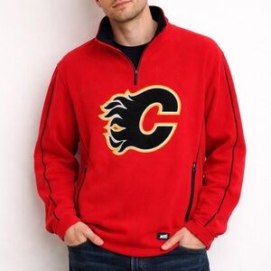 Vintage 90s NHL Ilanco Calgary Flames Hockey Fleece 1/4 Zip Pullover Sweater Red